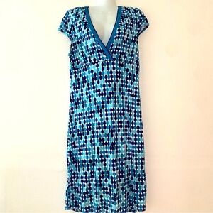 Ann Taylor midi dress cap sleeves blue dot pattern
